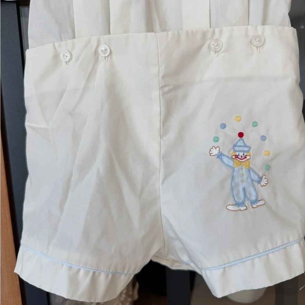 Vintage Petit Ami clown embroidered pintuck bobby suit pique shortall baby boy